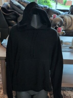 Black Hooded Waffle Knit Pullover Sweatshirt